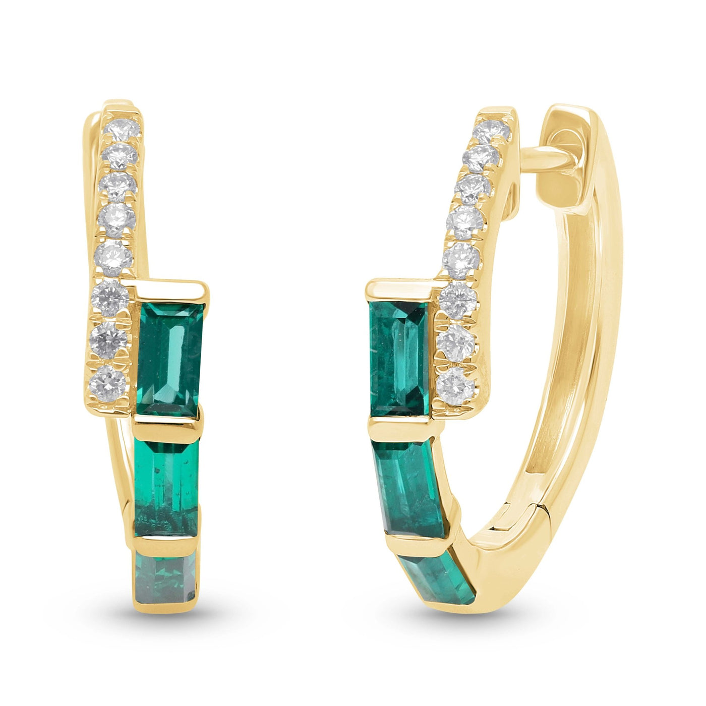 Emerald Baguette and Diamond Hoop Earrings - YG - Belmont Sparkle