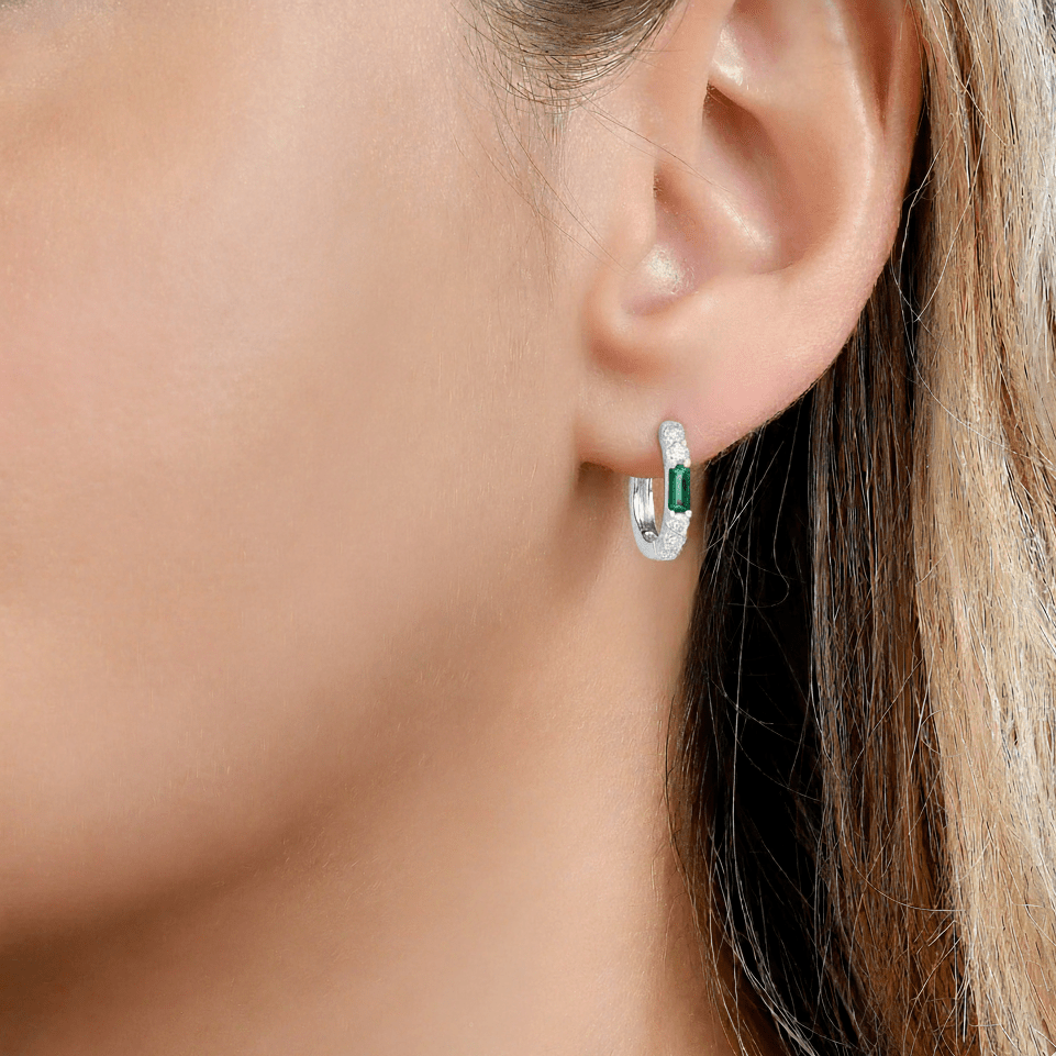 Emerald Baguette Huggie Hoop Earrings - WG - Belmont Sparkle