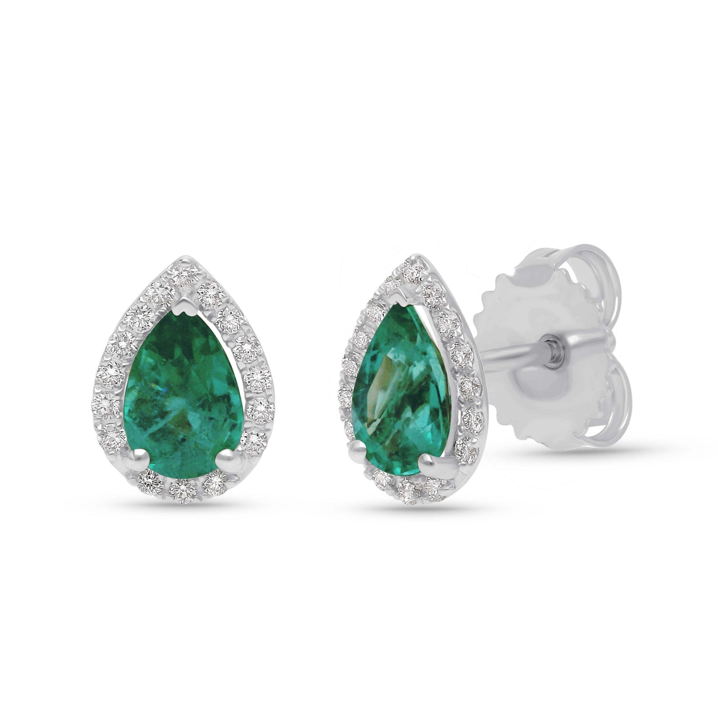 Emerald Pear Shape Halo Earrings - YG - Belmont Sparkle