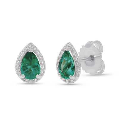 Emerald Pear Shape Halo Earrings - YG - Belmont Sparkle